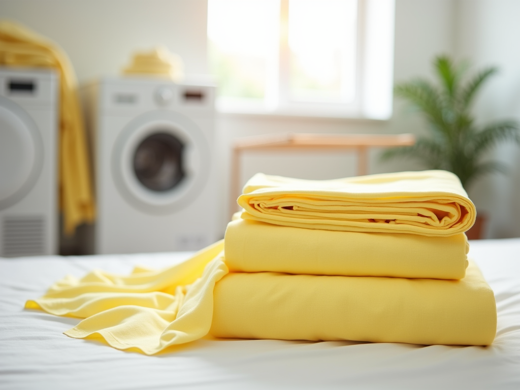 Folded yellow towels on a bed with washing machines in the background.