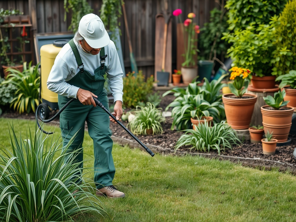 A gardener in green overalls sprays plants in a lush garden filled with potted flowers and greenery.