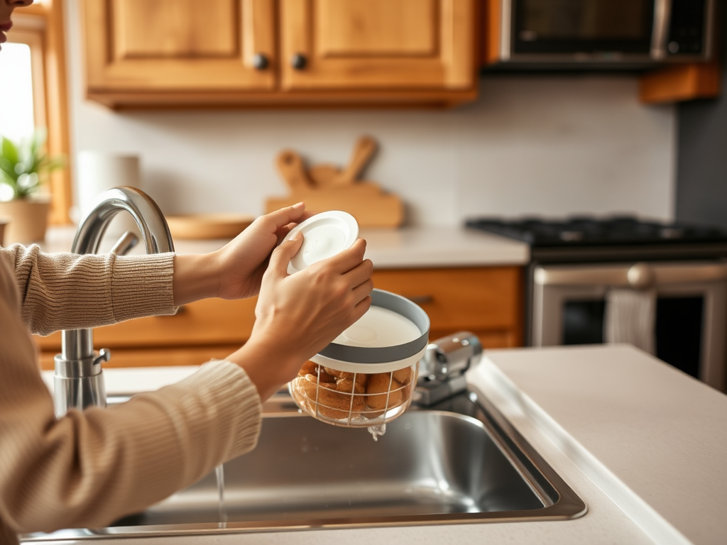 A person is holding a container near a kitchen sink, preparing to open it with a water tap in the background.