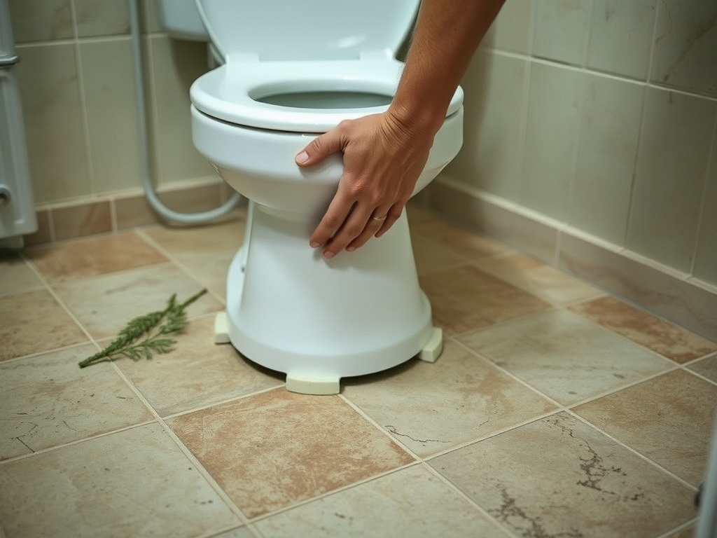 A hand is adjusting a toilet in a bathroom with tiled flooring and a small branch on the ground nearby.