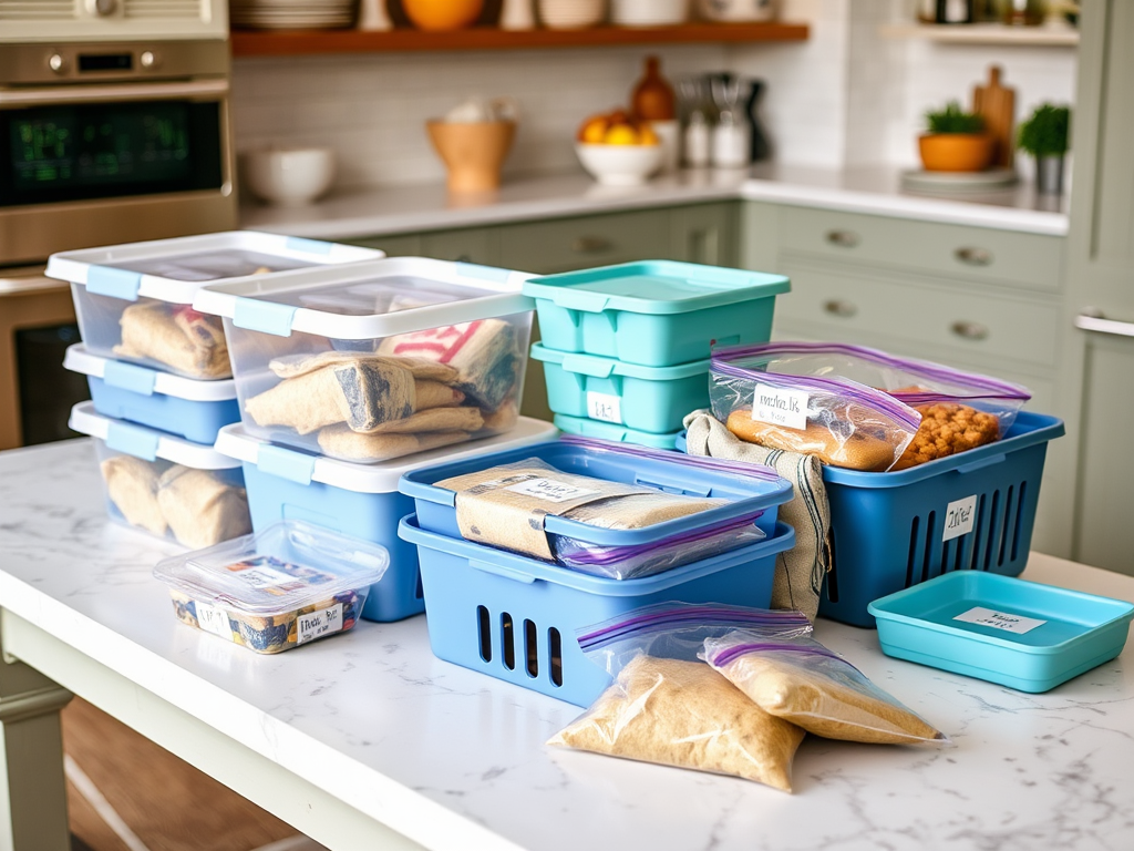 A variety of stacked food storage containers in a kitchen, neatly organized on a marble countertop.