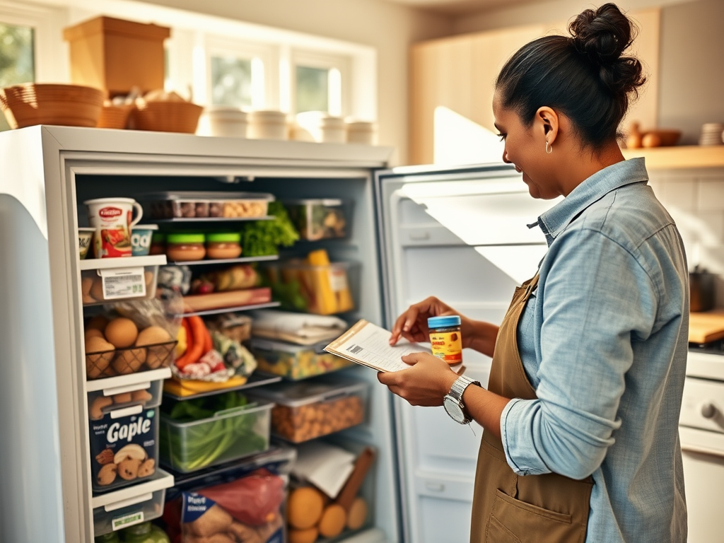 A woman checks a grocery list while standing in front of a well-stocked refrigerator in a bright kitchen.