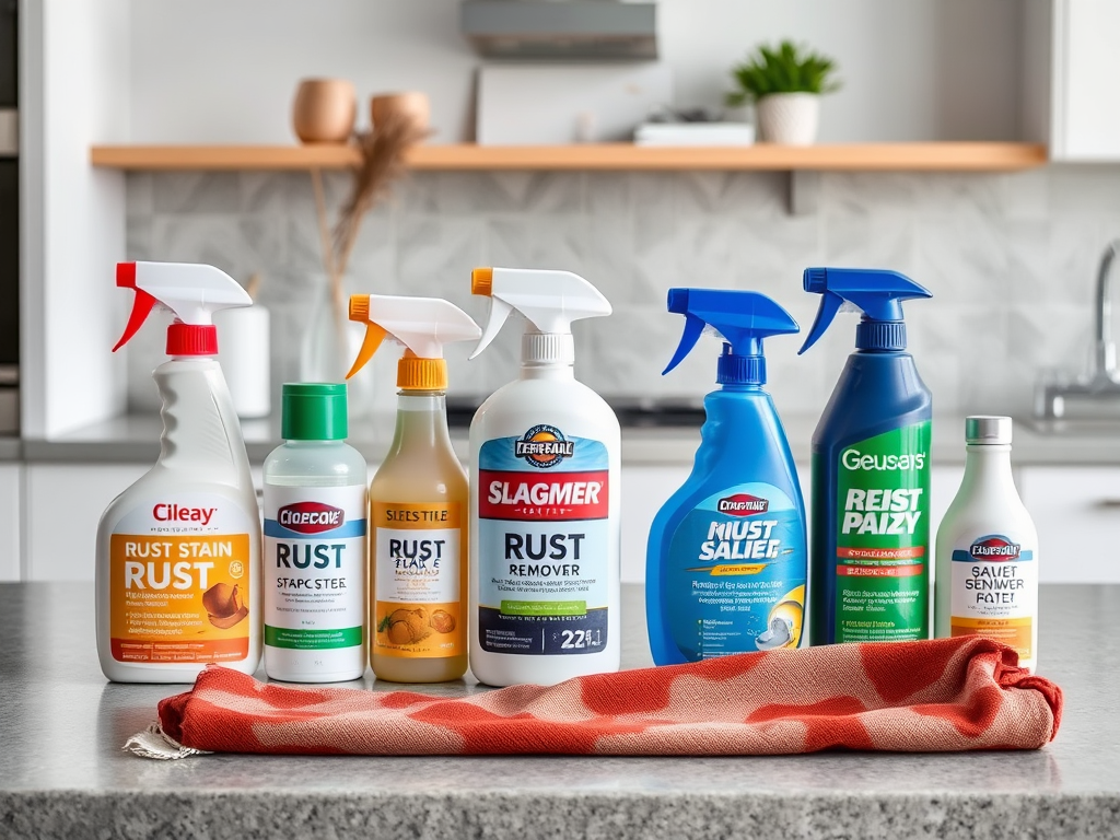 A variety of rust cleaning spray bottles displayed on a kitchen countertop, along with a red cloth.