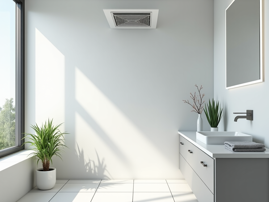 Modern bathroom interior with sunlight, featuring plants and minimalist decor.