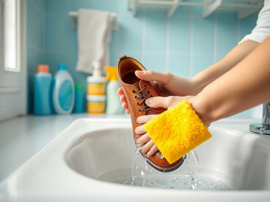 A person cleans a brown shoe under running water in a sink, using a yellow sponge in a bright bathroom setting.