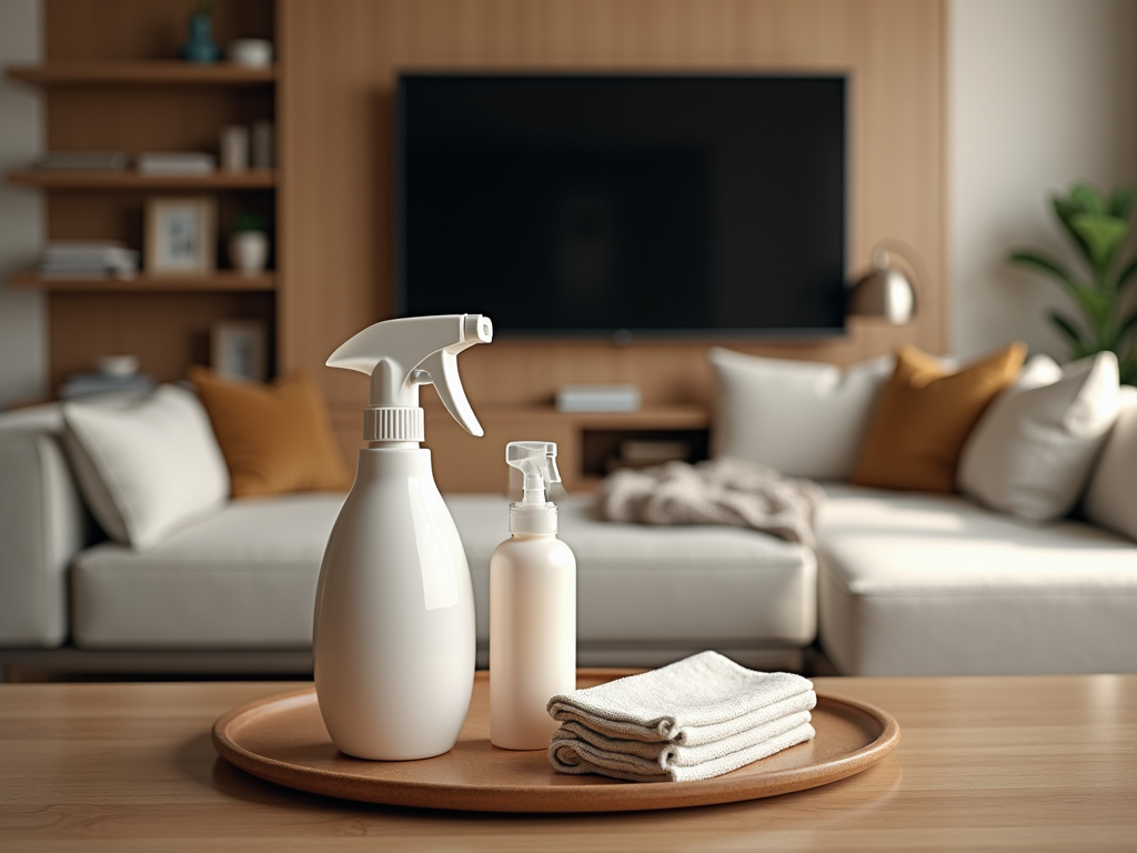 Cleaning supplies on tray with cozy living room in the background.