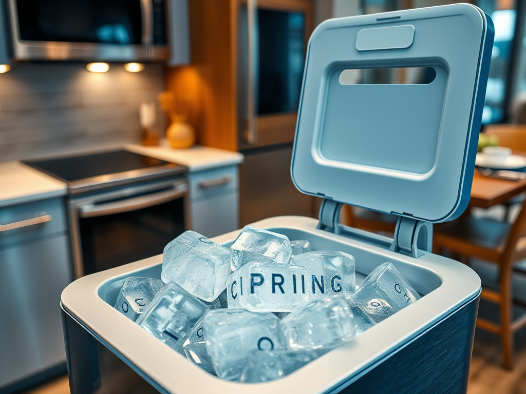 A modern ice maker is full of clear ice cubes in a stylish kitchen setting.