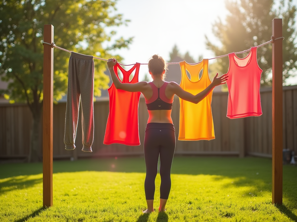 Woman hanging colorful sportswear on a clothesline in sunny backyard.