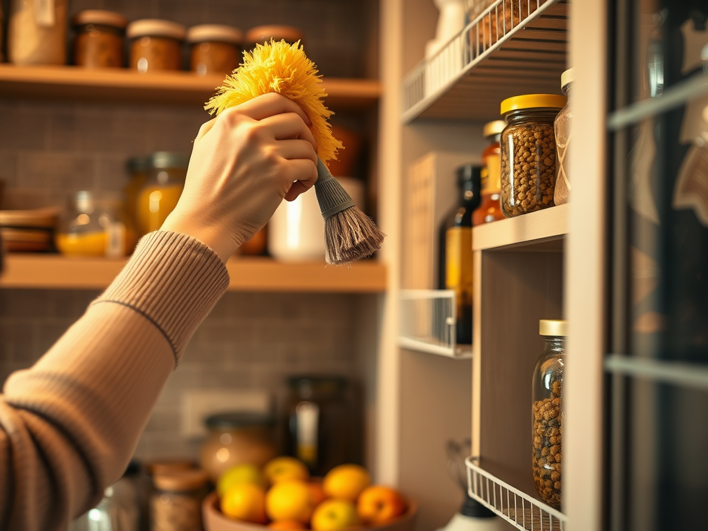 A hand holds a dusting brush, cleaning jars and shelves in a well-organized pantry filled with food items.