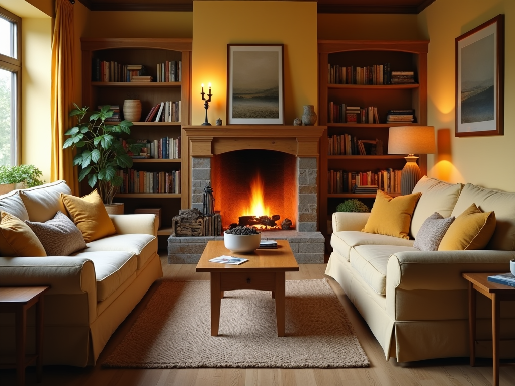 Cozy living room with two sofas, a lit fireplace, bookshelves, and warm lighting.