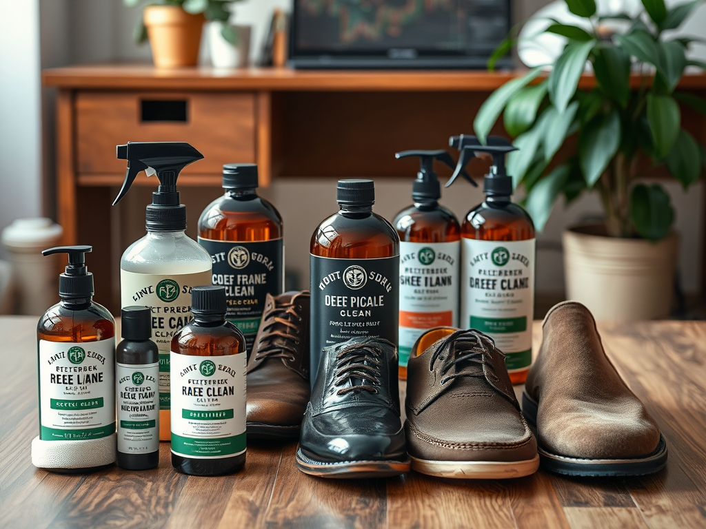 A collection of shoe care products next to various types of shoes on a wooden surface in a well-lit room.