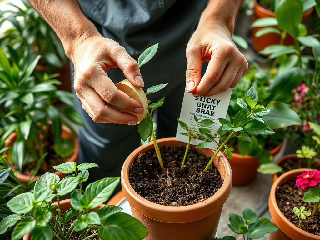 A person applies a sticky gnat trap to a plant in a pot, surrounded by various houseplants.