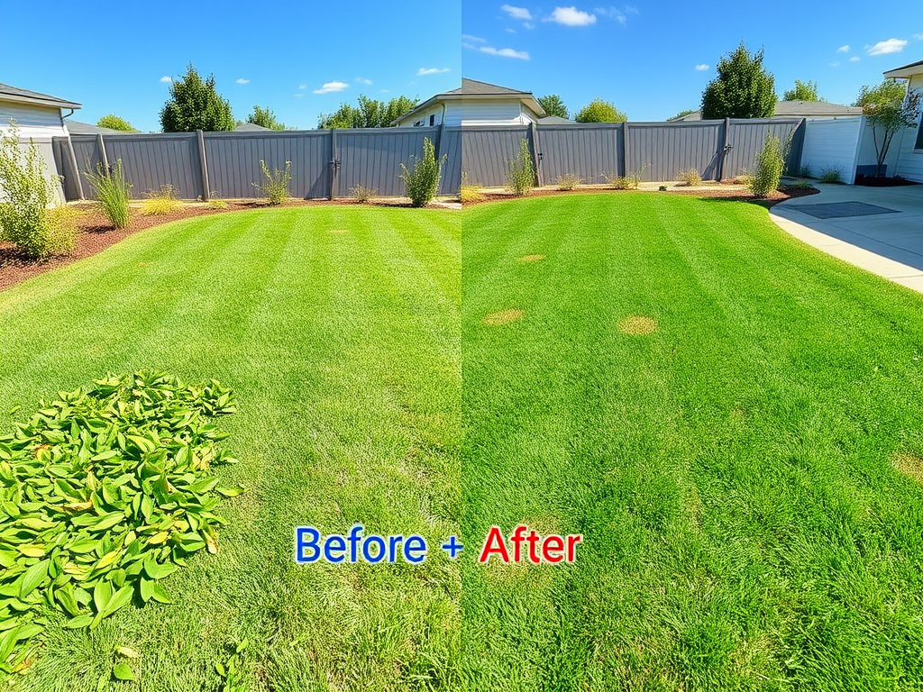 Split image showing a lawn: left side with leaves and uneven grass labeled "Before," right side with healthy grass labeled "After."