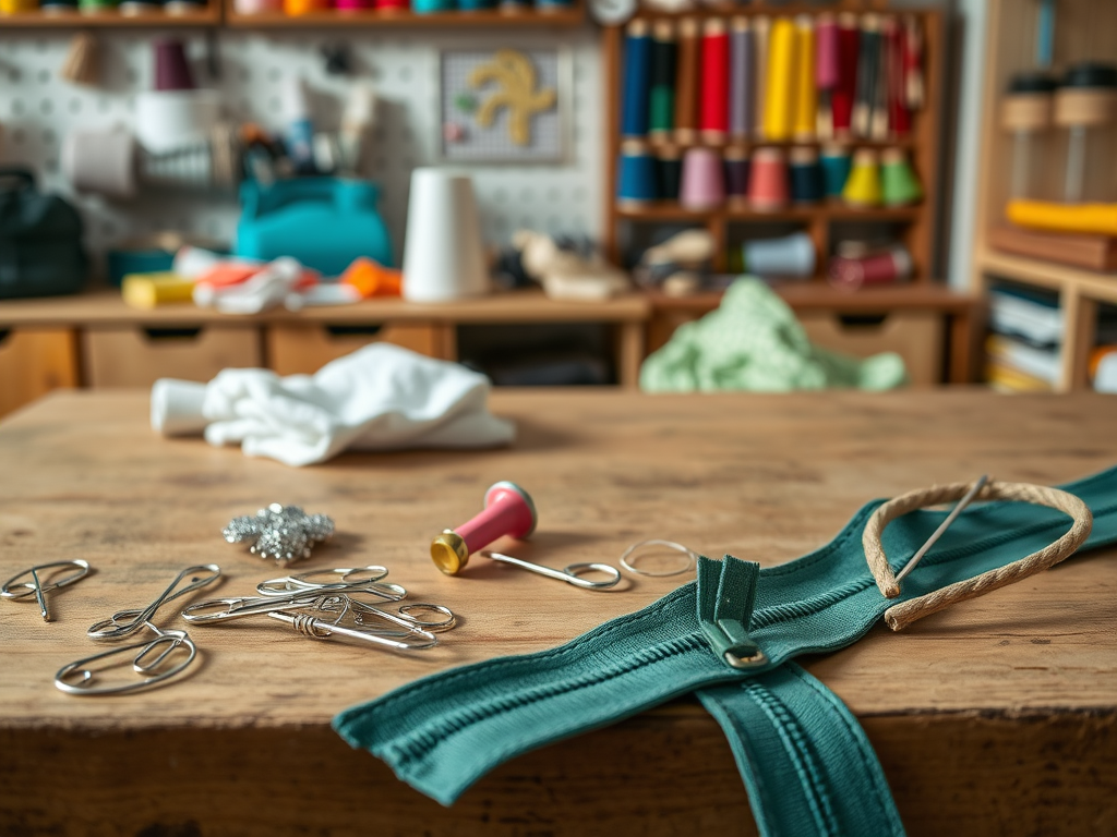 A sewing workspace with a wooden table, tools, zippers, and colorful spools of thread in the background.