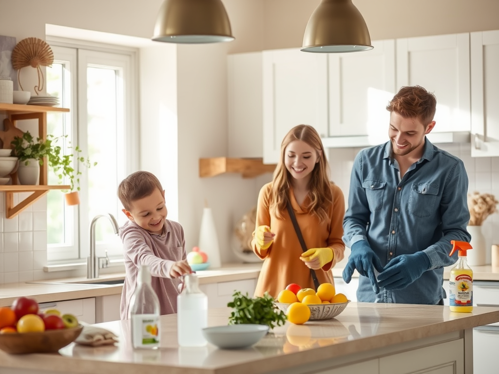 A boy, woman, and man joyfully clean and prepare fruits in a bright, modern kitchen.