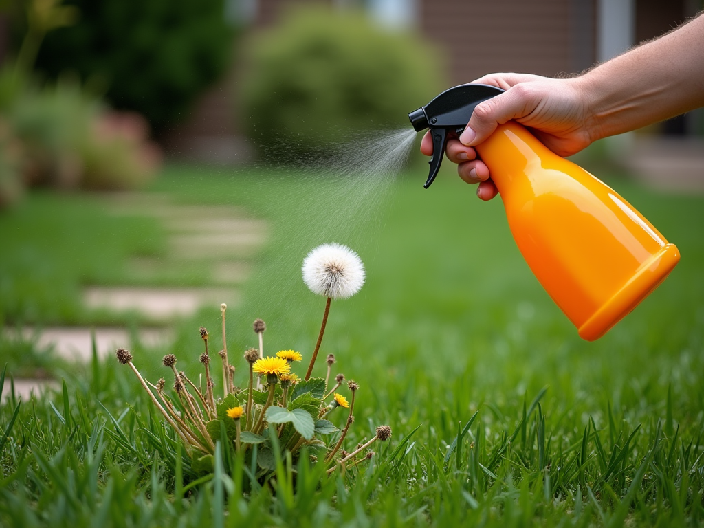 Hand spraying water on dandelions using an orange spray bottle in a grassy backyard.