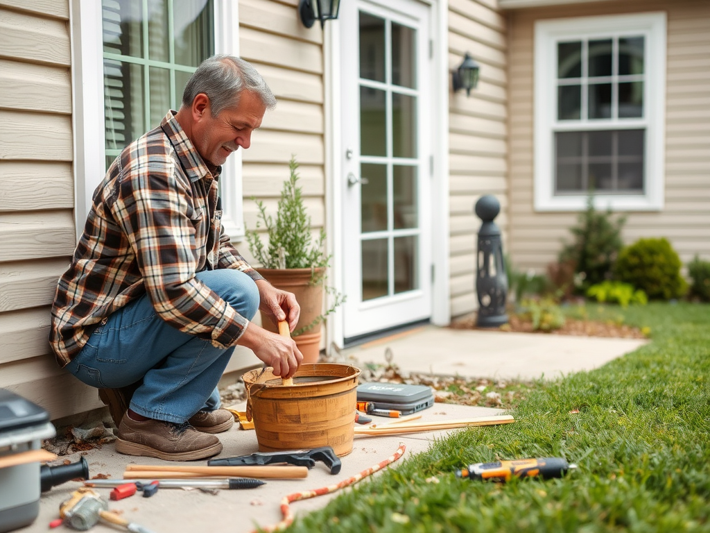 A man kneels in front of his house, mixing something in a wooden bucket surrounded by tools on the ground.