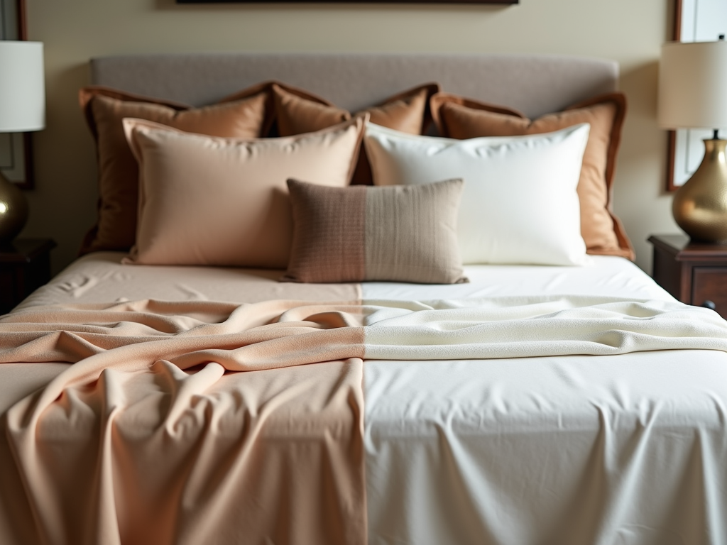 Elegant bedroom scene with neatly made bed, assorted pillows, and a soft throw blanket.