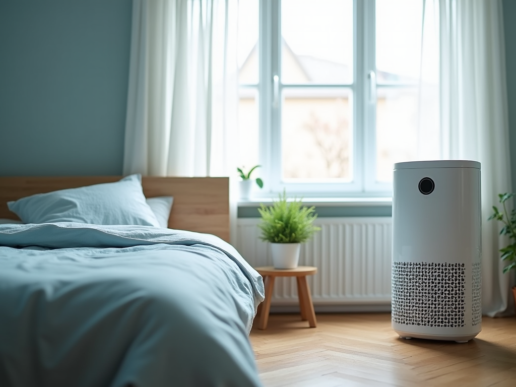 Air purifier in a tranquil bedroom with blue walls, by the window amidst natural light.