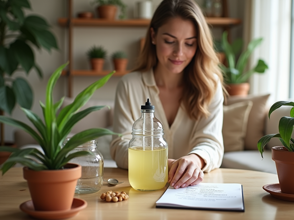 Woman reading document at a table surrounded by houseplants and a drink.