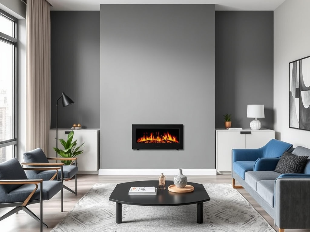 A modern living room with a gray wall, electric fireplace, blue sofa, two armchairs, and a round coffee table.