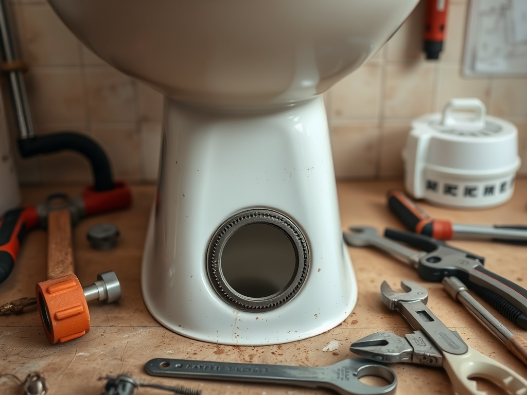 A close-up of a toilet base surrounded by various plumbing tools on a workbench.