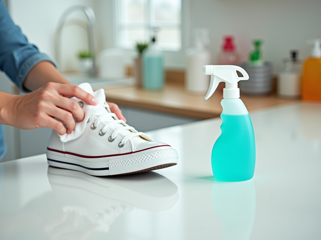 Person cleaning a white sneaker with a cloth next to a spray bottle on a kitchen counter.