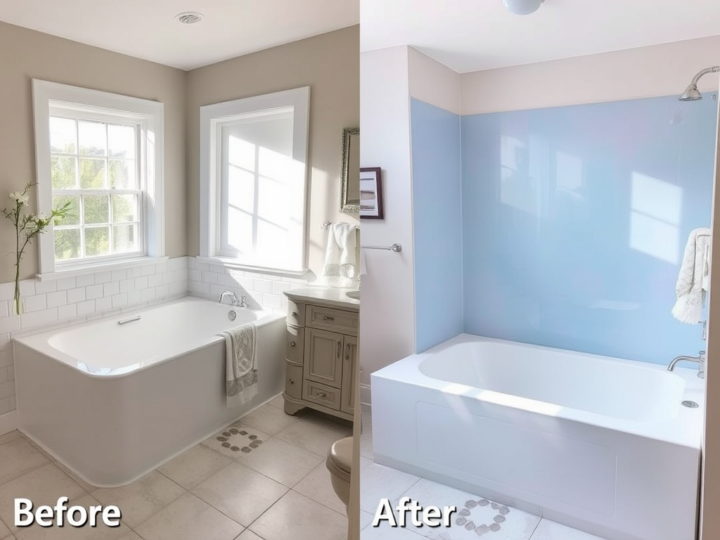 A side-by-side comparison of a bathroom, labeled "Before" and "After," showcasing a modern renovation.