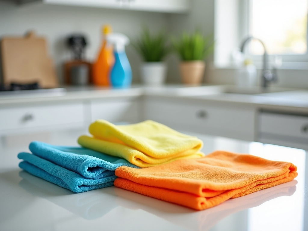 Colorful microfiber cloths on a kitchen counter, cleaning spray bottles in the blurred background.