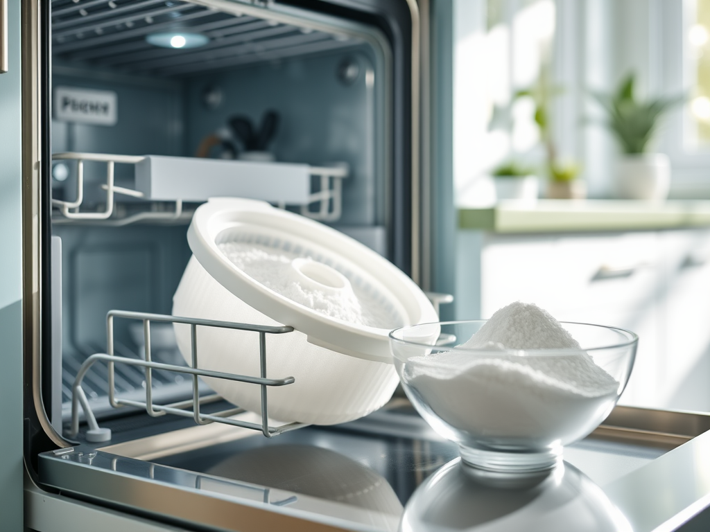 A dishwasher with a white bowl and a glass dish filled with white powder inside the open door.