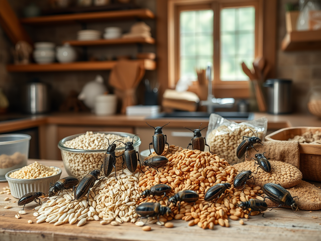 A rustic kitchen table displays various grains and numerous black beetles scattered among them.