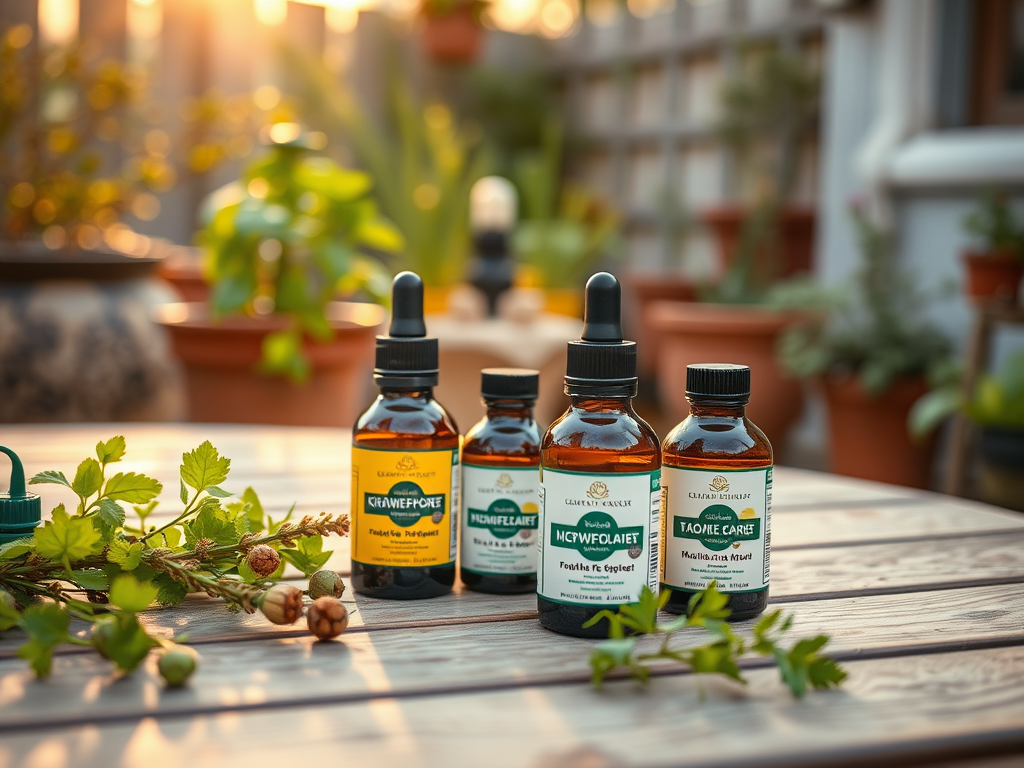 Four herbal tinctures are displayed on a wooden table with green plants in the background, illuminated by sunset.