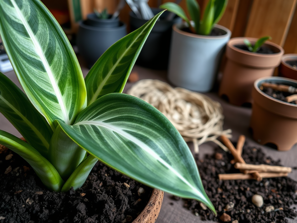 A close-up of a green plant with patterned leaves, surrounded by pots and gardening materials on a wooden surface.