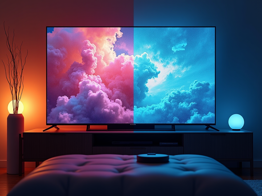 Vibrant cloud display on TV in a cozy living room at dusk with ambient lighting.