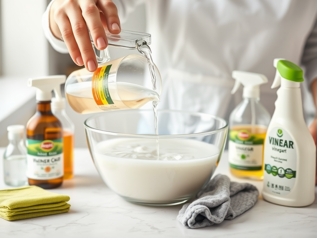 A hand pours liquid into a bowl of milk, surrounded by various cleaning products and cloths on a countertop.