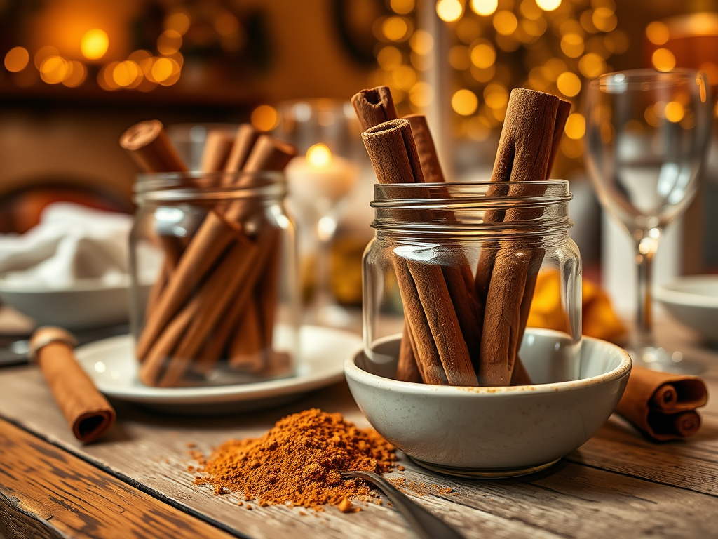 Cinnamon sticks in jars and a bowl, with ground cinnamon on a wooden table, set for a cozy gathering.