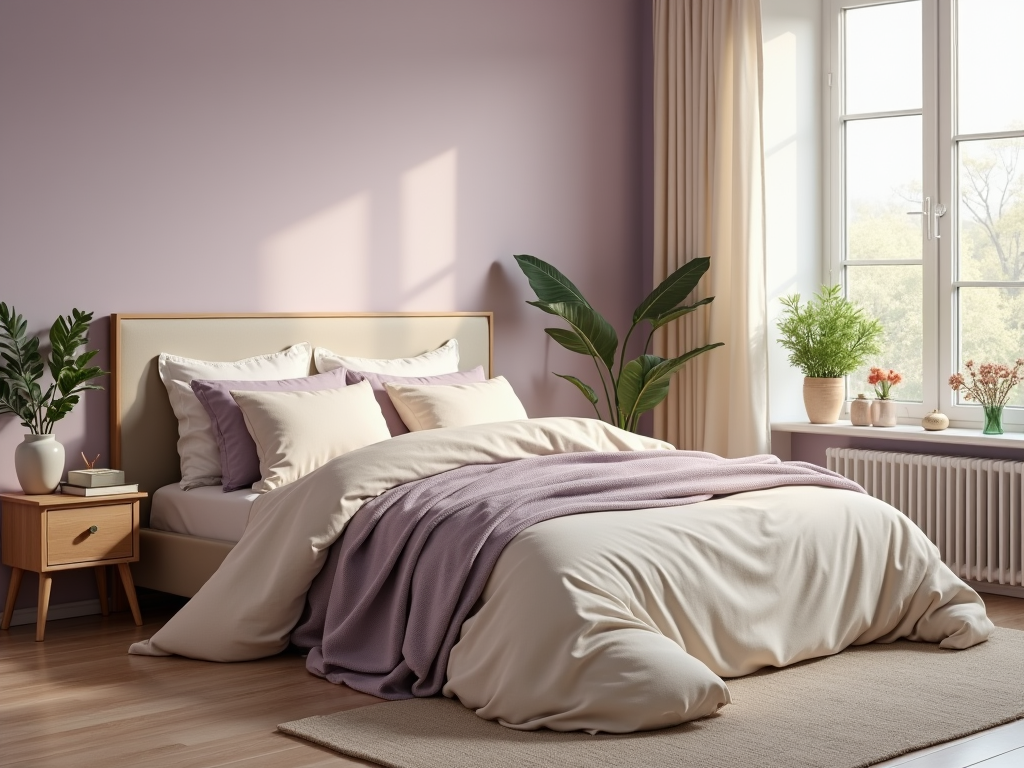 Cozy bedroom with a neatly made bed, plants, and a window letting in sunlight.