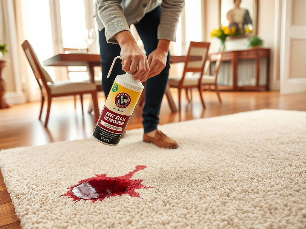A person spraying a carpet stain remover on a red stain on a beige carpet in a bright living room.
