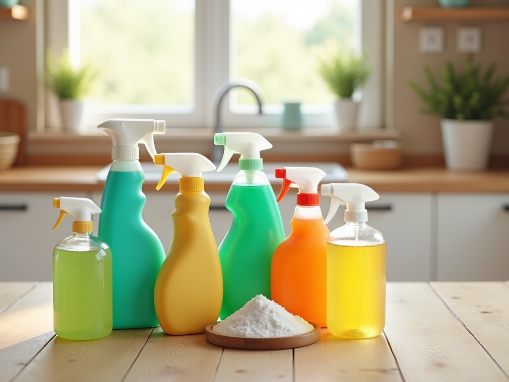 Collection of colorful cleaning supplies and a bowl of powder on a kitchen table.