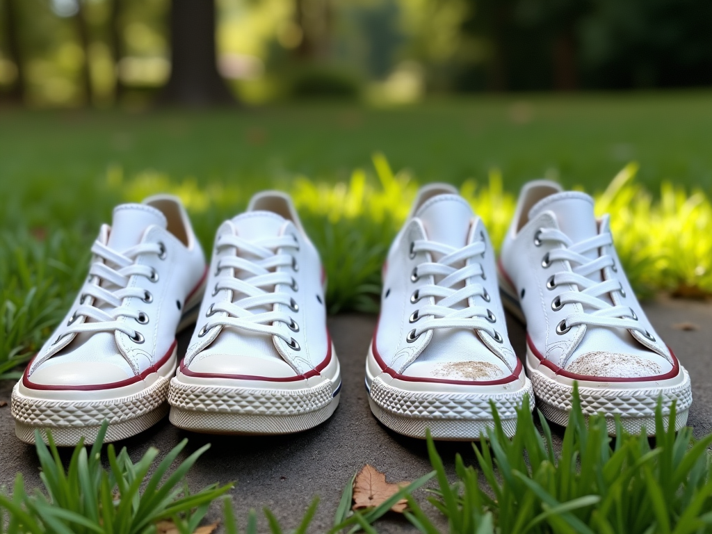 Two pairs of white sneakers on grass with blurred park background.