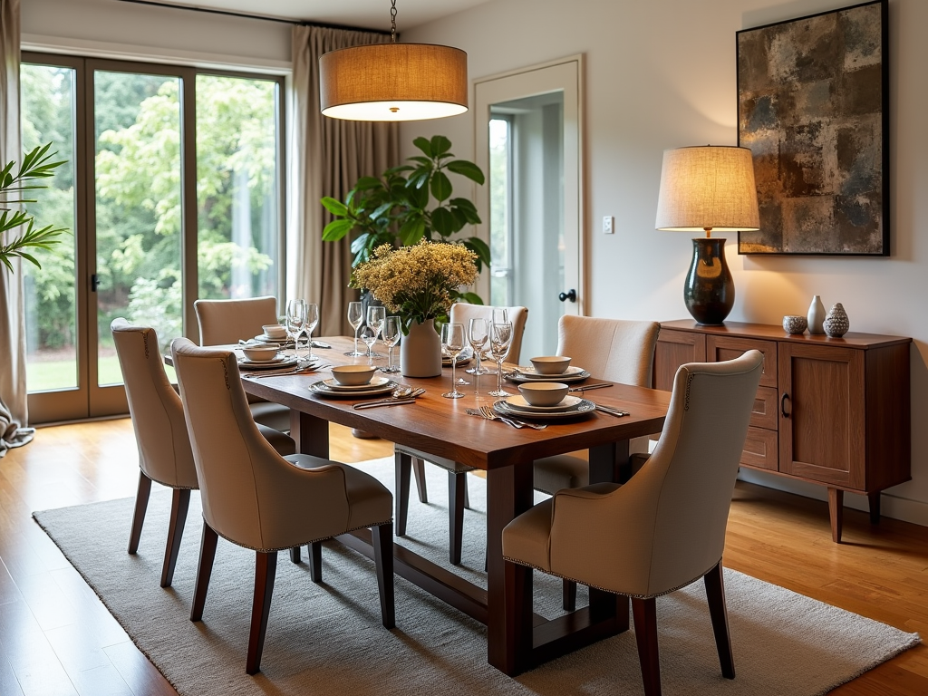 Elegant dining room with a wooden table set for six, surrounded by large windows and decorative lamps.