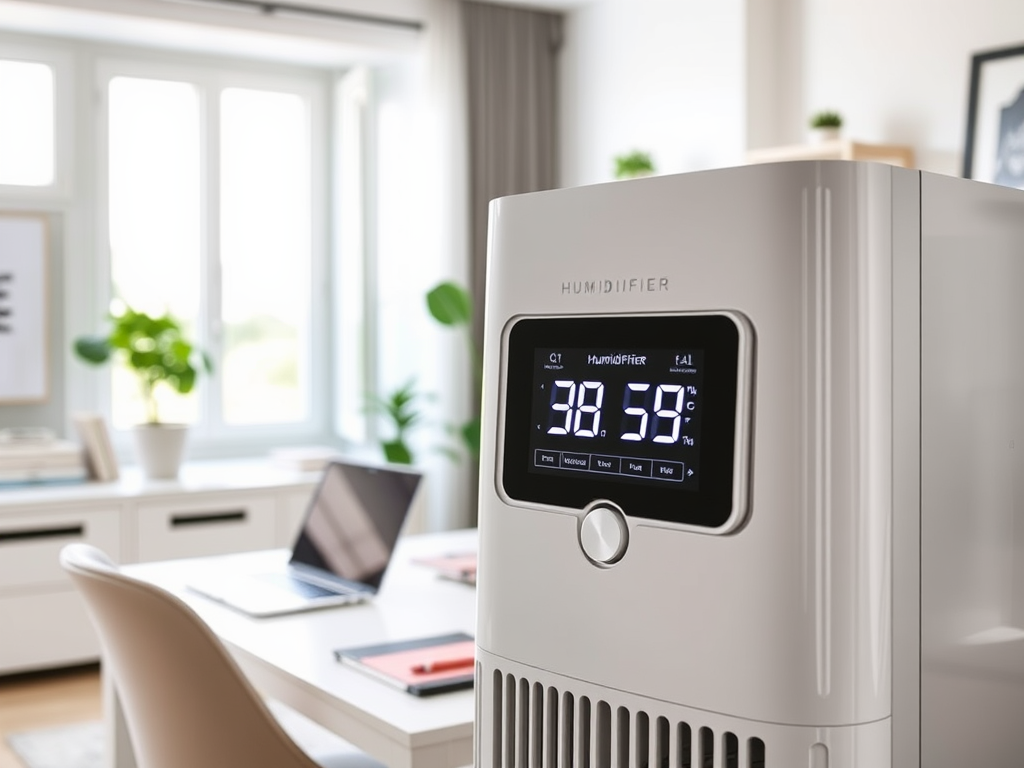 A modern humidifier displaying humidity and temperature settings in a stylish home office with a bright atmosphere.