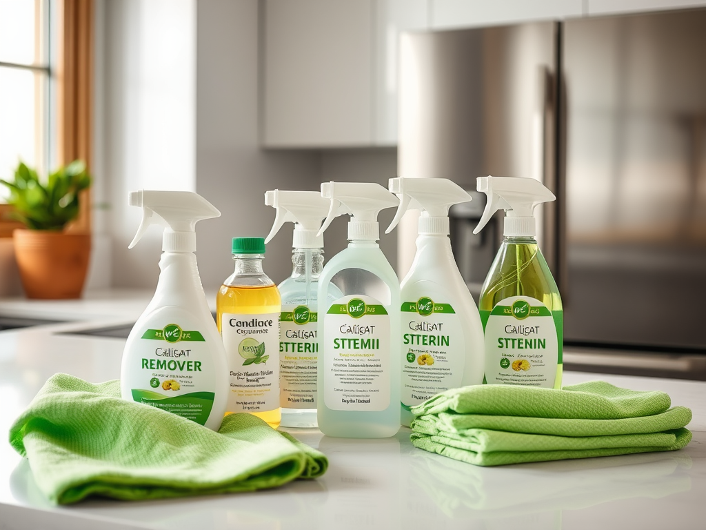 A collection of cleaning products in spray bottles on a kitchen counter, with green cloths nearby and a plant in the background.