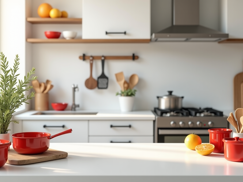 Modern kitchen interior with red cookware, fresh oranges, and wooden utensils.