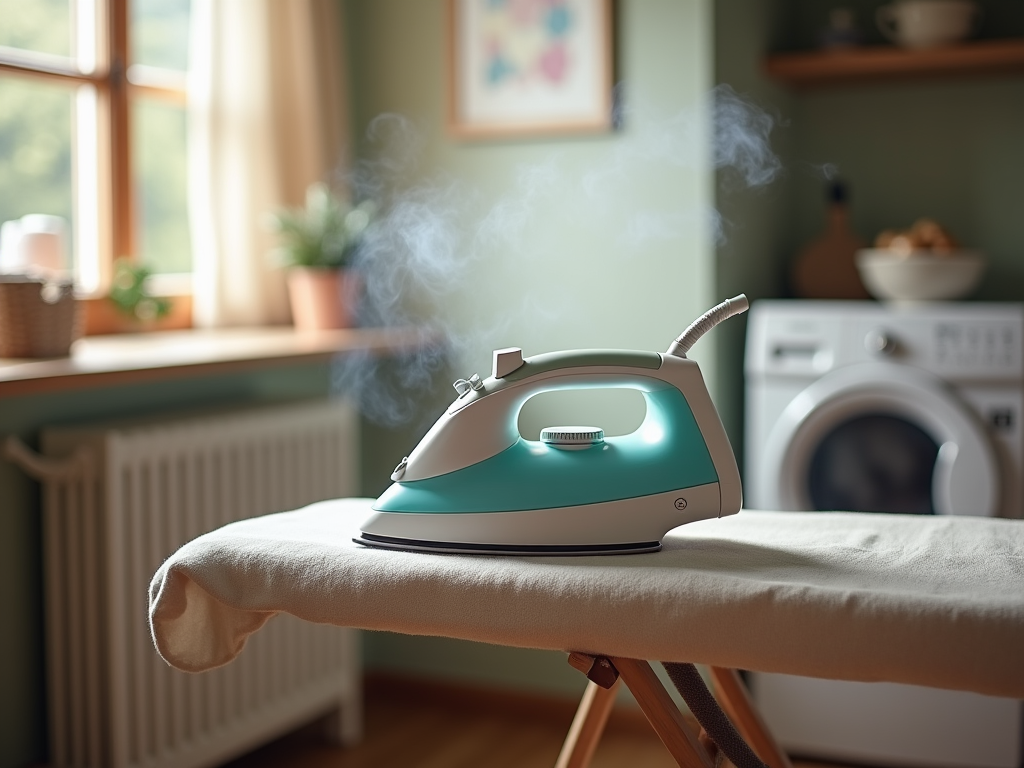 A steam iron on an ironing board in a cozy room with sunlight streaming through a window.