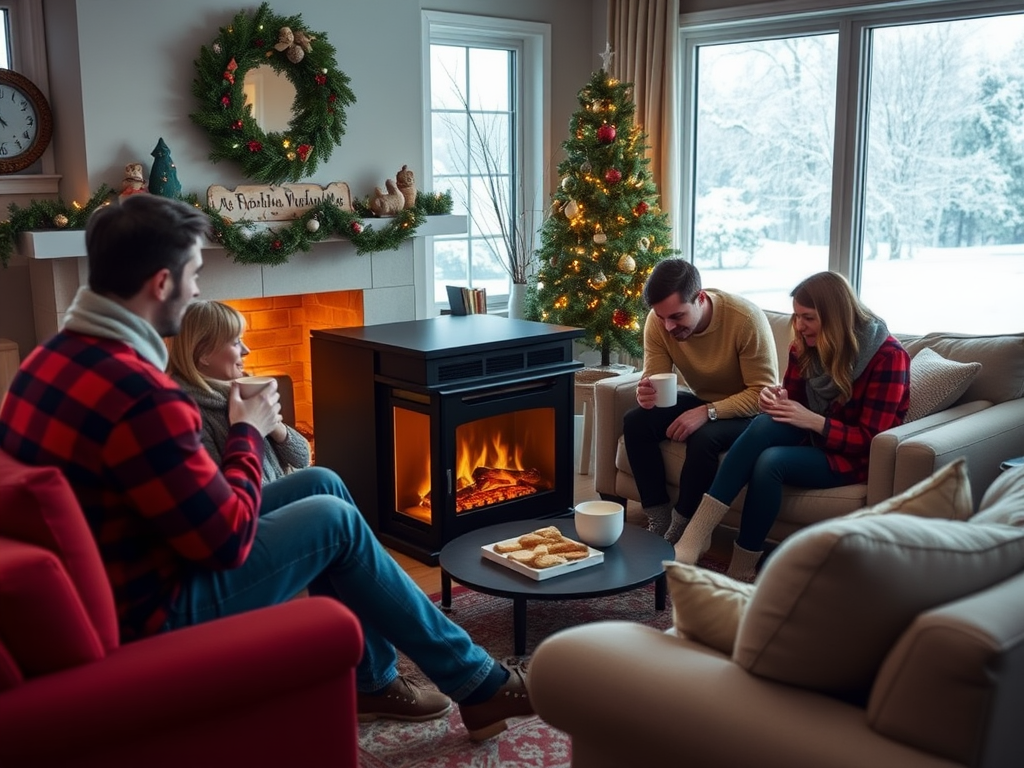 A cozy living room with a fireplace, festive decorations, and friends enjoying hot drinks and cookies together.