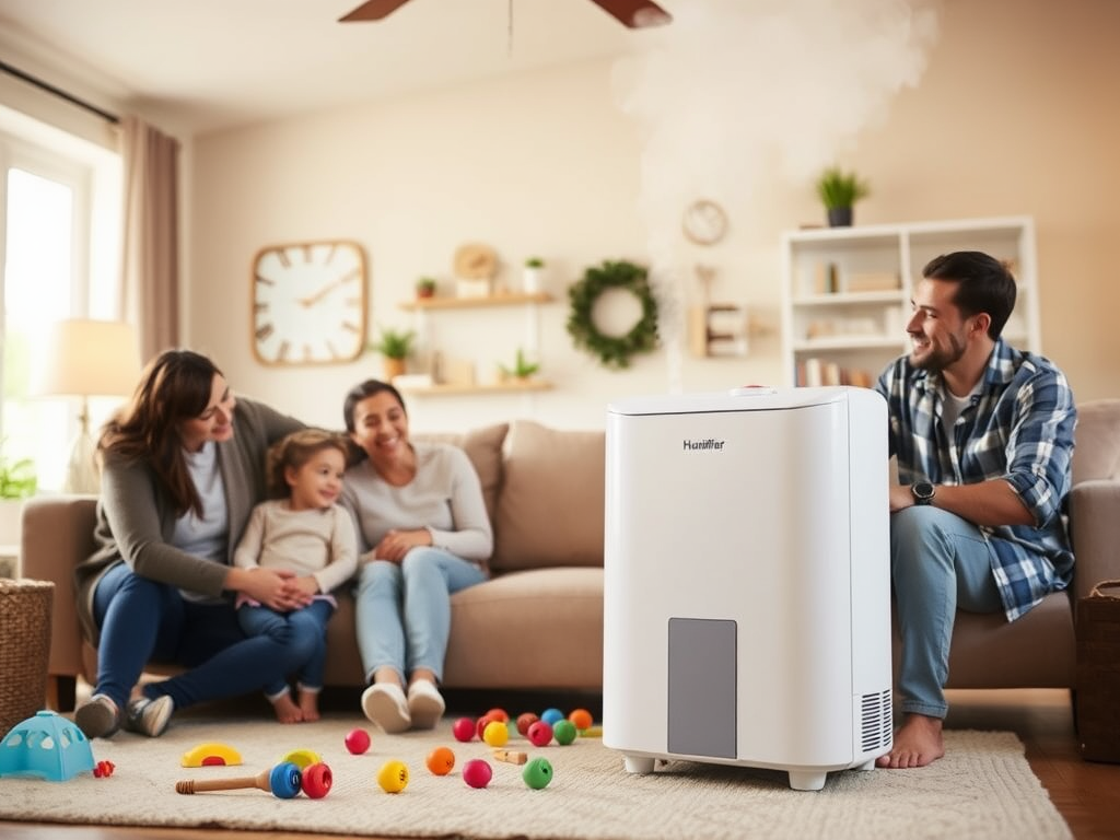 A family enjoys time together in a cozy living room, with a humidifier adding moisture to the air and toys scattered around.