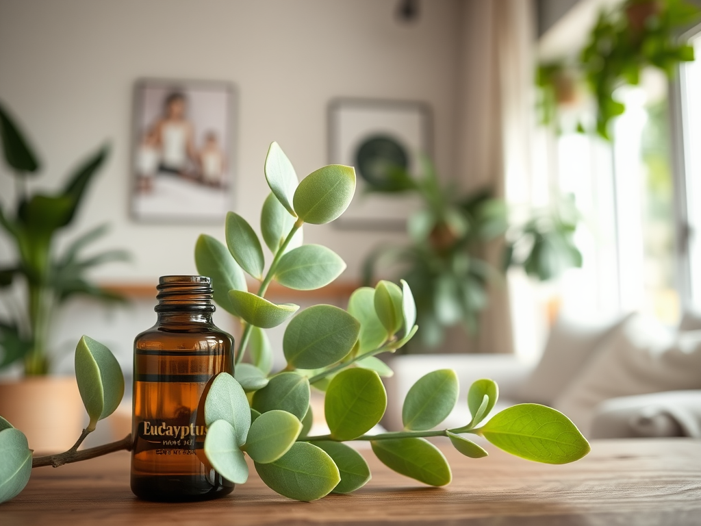 A small amber bottle labeled "Eucalyptus" surrounded by green leaves on a wooden table in a cozy room.