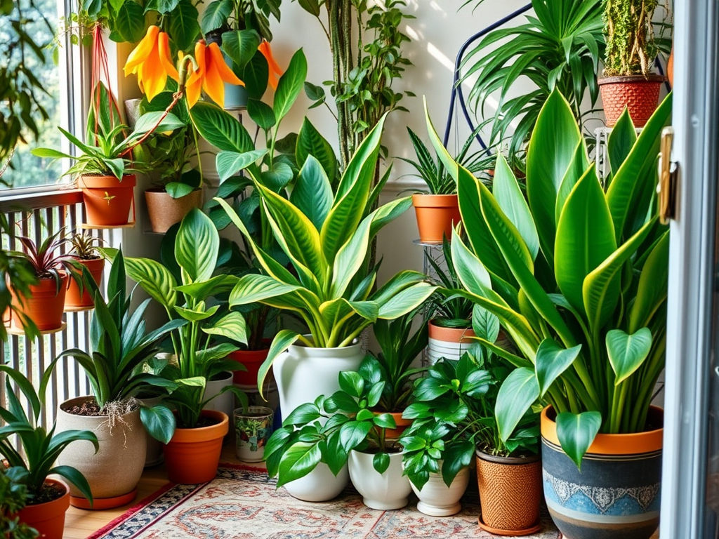 A vibrant collection of potted plants in various sizes and shapes, arranged on a balcony with warm sunlight filtering through.